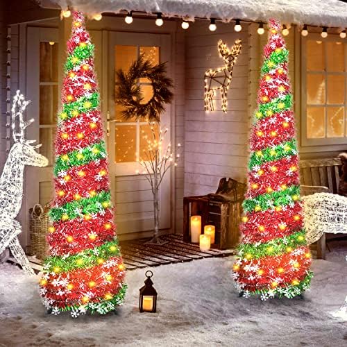 עץ חג המולד של 5ft קופץ עם 100 נורות LED, עץ חג המולד מלאכותי של Tinsel Tinsel עם קישוטי פתית שלג המופעלים