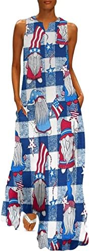 4 ביולי מקסי שמלות לנשים רופף מזדמן קיץ בוהו שמלה ללא שרוולים צווארון שמלת אמריקאי דגל זורם חוף שמלה