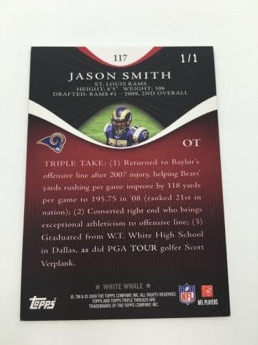 2009 טופפס משולש חוטים כדורגל ג'ייסון סמית 'תיקון לוויתן לבן אוטומטי 1/1 - כרטיסי כדורגל עם חתימה של NFL
