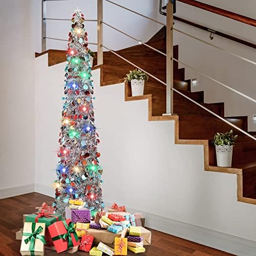 עץ טינסל חג המולד של 5 רגל עם פאייטים צבעוניים מחזירים חג המולד מלאכותי עץ דק עץ מתקפל עיפרון ליל כל הקדושים