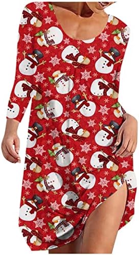 חג המולד שמלה לנשים סתיו וחורף עגול צוואר ארוך שרוול חג המולד הדפסה ארוך שרוול הברך אורך שמלה