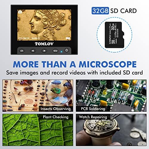 טומלוב דמ4 מיקרוסקופ מטבעות שגיאה פי 1000 עם מסך 4.3 אינץ '+ מאריך וכו ' 02, מיקרוסקופ דיגיטלי יו