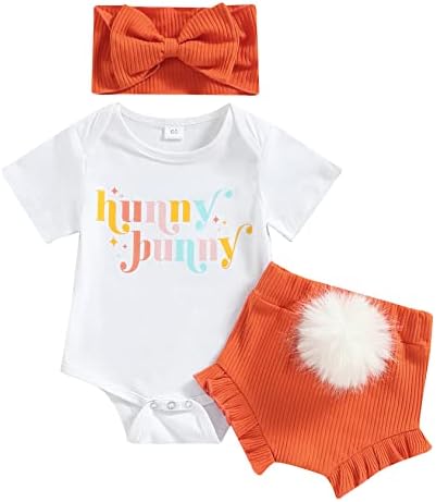 תלבושת פסחא של תינוקת יילוד תלבושת מצולעת מכתב רומפר בגד גוף+מכנסיים מותניים אלסטיים+סט שיער 3 יחידות בגדי ארנב
