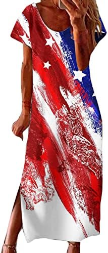 4 יולי שמלה לנשים מקרית קיץ בוהמי מקסי שמלת ארהב דגל קצר שרוול סקופ צוואר פטריוטית ארוך שמלה קיצית