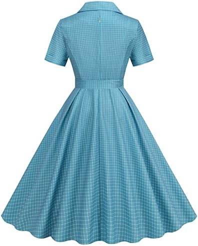 מקרית שמלות לנשים 1950 בציר עם צווארון דש נדנדה שמלה קצר שרוול כפתור נמתח נדנדה ערב מידי שמלה