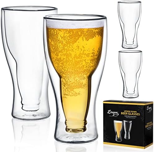 כוסות בירה של כלי זכוכית דרקון, ספלי פאב מבודדים בקיר כפול, עיצוב הפוך, מחזיק בקבוק בירה מלא אחד, זכוכית