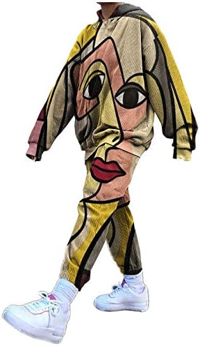 נשים בגד סעוד גדול 2 חלקים תלבושת קפוצ'ונים שרוול ארוך סווטשירט ומכנסיים משוחררים Y2K בגדים הדפס פנים