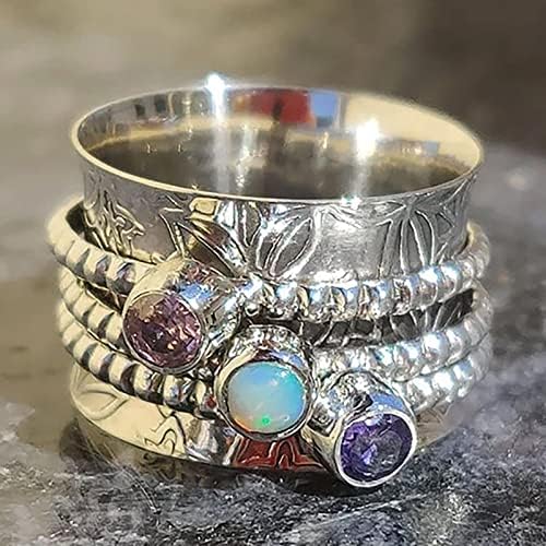 בוהמי חן מדיטציה ספינינג טבעת כסף בצבע אבן סט טבעת אופנה אישיות טבעת גדול טבעות