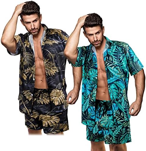 2 סט גברים של הוואי סטים מקרית כפתור למטה 4 חתיכה חליפות טרופי דפוס מודפס קיץ חולצה לחופשה