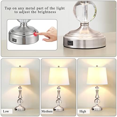 סט של 2 מגע שליטה מודרני קריסטל שולחן מנורות, 3-דרך ניתן לעמעום המיטה שידה מנורה עם יציאת יו אס
