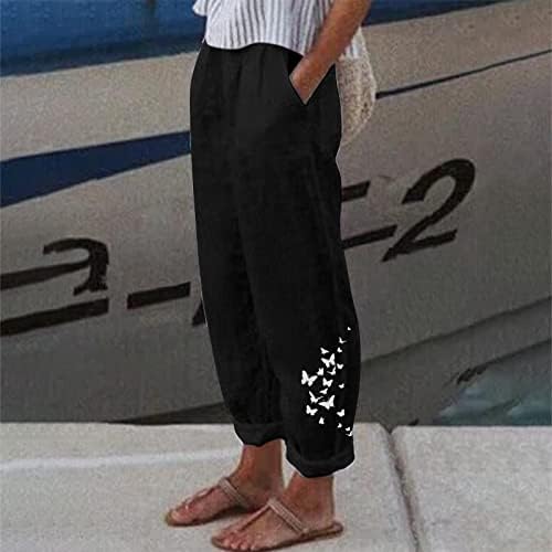 כותנה פשתן מכנסיים נשים קיץ מקרית קאפרי מכנסיים עם כיסים גבוהה מותן קומפי חוף מכנסיים בציר הרמון