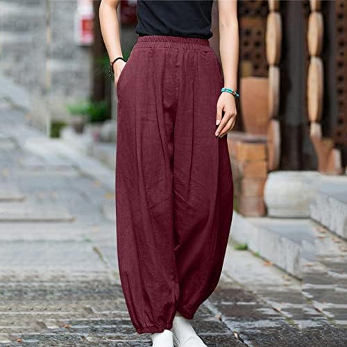 מכנסי רגל רחבים של Zhensanguo לנשים מכנסי פשתן לנשים כיס מכנסי מותניים גבוהים ברגל רחבה