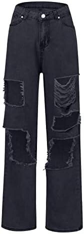 מכנסי ג'ינס קרועים לנשים, Uofoco, סגנון y2k בסגנון פעמון דקיקים נמתחים שחור וכחול שקיק תחרה