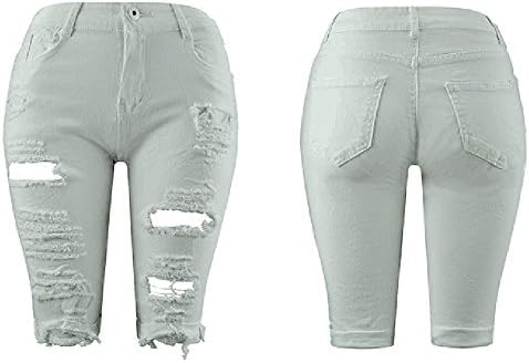 GDJGTA נשים קרועות חורים ג'ינס ג'ינס עיפרון מכנסיים קצרים מכנסיים מותניים גבוהים במצוקה מכנסי ג'ינס