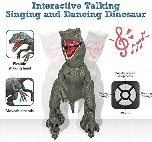 צעצועי דינוזאור גדולים לילדים בנים, שלט רחוק הליכה וולוצירפטור עם צליל קל, צעצועי רובוט אלקטרוניים נטענים מציאותיים,