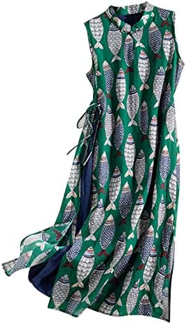 שמלות פשתן כותנה ללא שרוולים של HXOBAX לנשים 2023 הדפס קרפיון בסגנון אתני שיפור צ'ונגסאם מזדמן אלגנטי