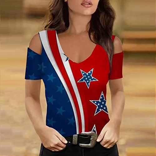 נשים קרה כתף 4 ביולי טופיות 2023 חולצות פטריוטיות מגזרת חגי שרוול קצר חולצה ארהב דגל הדפס חולצת טריקו