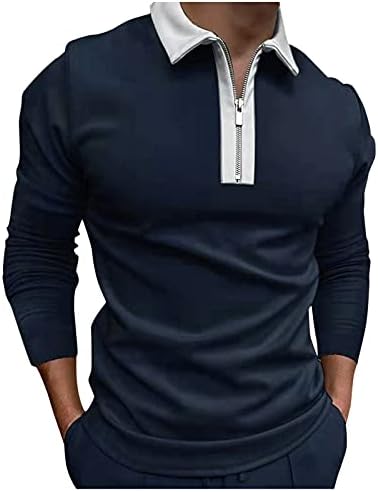 חולצות פולו רוכסן ZDFER לגברים, צווארון טלאים צווארון שרוול ארוך חולצה עסקית