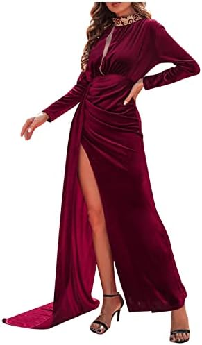 נשים שמלת ערב רשמית אלגנטית שרוול ארוך קטיפה קטיפה גבוהה שמלות מסיבות בת ים מפוצלות כפפות מותניים גבוהות