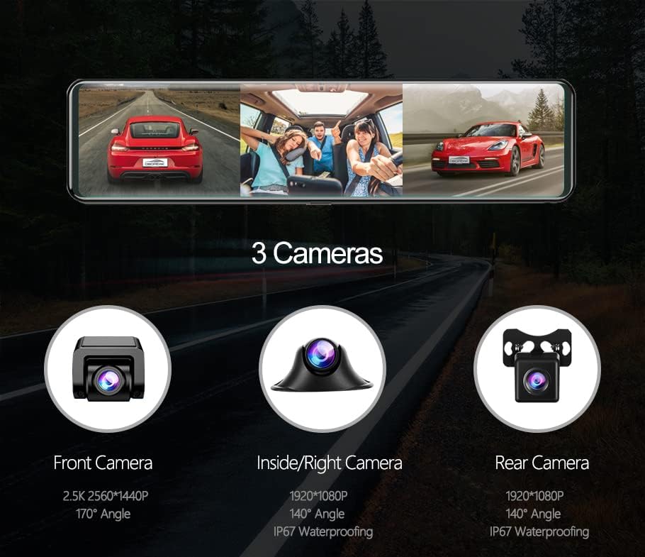 מראה אחורי חכם מראה מקף מצלמת Carplay & Android Auto Auto Wireless חיבור WiFi 3 CHS מצלמות בקרה קולית בקרה
