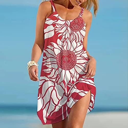 נשים חוף מקרית קיץ שמלה ללא שרוולים פרחוני מודפס שמלה קיצית עגול צוואר טנק שמלת מידי שמלה קיצית