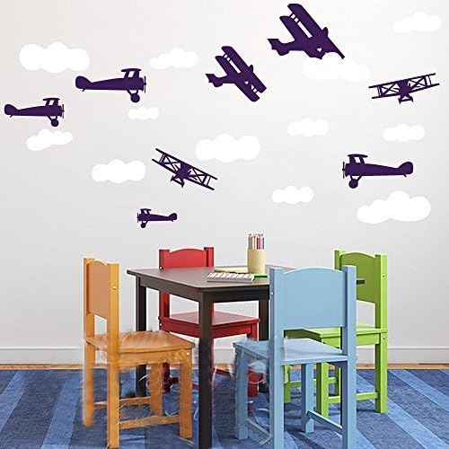 משתלת קיר מדבקות מטוסים ועננים סט חדר משחקים מדבקות נשלף ויניל קיר תפאורה ילדים חדר אוויר מטוסים