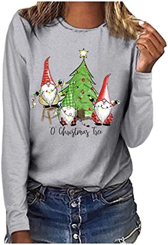 חולצות טריקו של שרוול ארוך לחג המולד לנשים חולצות טריקו להדפס גרפי גנום עץ חג המולד דפוס סווטשירט סווטשירט