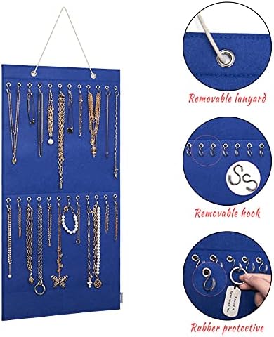 Vercord Hanging תכשיטים מארגן מורגש דלת קיר דלת שרשרת רכובה אחסון עגיל טבעת עם 2 כיס 24 ספיר וו כחול כחול