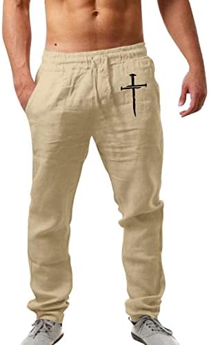 מכנסי אימונים ארוכים גברים גברים אופנה מזדמנים מודפסים פשתן כיס תחרה למעלה מכנסיים בגודל גדול
