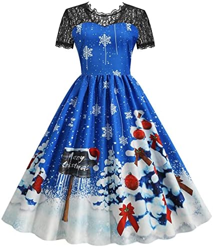 שמלה לנשים אלגנטי תחרה טלאים קצר שרוול גוזיות שמלות 1950 בציר חג המולד הדפסת ערב המפלגה שמלה