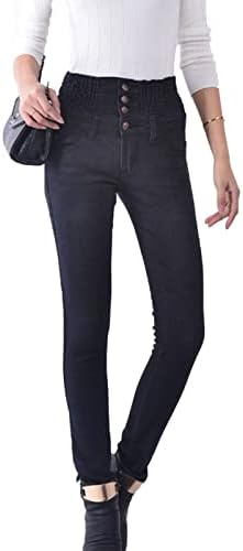 מותניים גבוהות לנשים מתיחות ג'ינס רזות רזה מתאימות 4 כפתור מכנסי ג'ינס צבע מוצק הרמת ג'ין מכנס