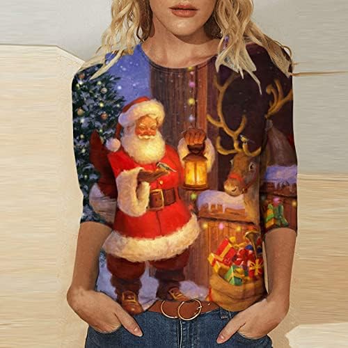 חולצת טריקו של 3/4 שרוול לנשים מכוערות סנטה קלאוס מודפסות חובבי חג המולד חולצות שרוול ארוך טוניקה