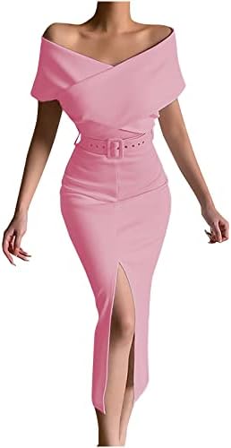 קוקטייל שמלות לנשים 2023 טרנדי קצר שרוול כבוי כתף חגורת מותן פיצול מקסי ערב עיפרון שמלה