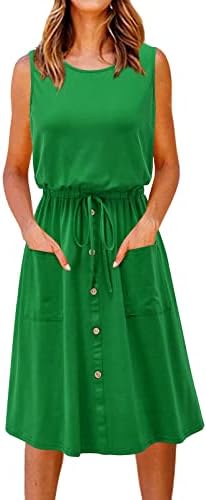 Tifzhadiao שמלת טנק קיץ לנשים עניבה ללא שרוולים מזדמנים מותניים מידי שמלה מוצקה כפתור שמלה רופפת שמלת חצאית