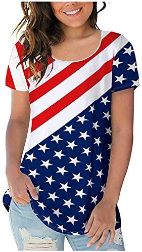 4 ביולי חולצות חולצות לנשים שרוול קצר חולצת טריקו עם צוואר דגל אמריקאי פסים כוכבים חולצת עניבה חולצות טוניקה