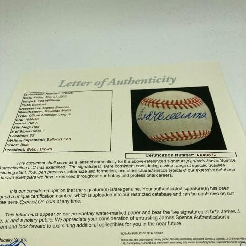 מנטה טד וויליאמס חתמה על בייסבול רשמי של הליגה האמריקאית JSA COA יפה - כדורי חתימה