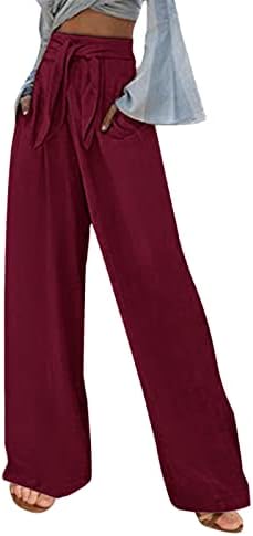 מכנסי נשים מכנסי טרנינג בצבע מוצק מזדמנים מכנסי מותניים אלסטיים רופפים עם כיסים מכנסי פשתן
