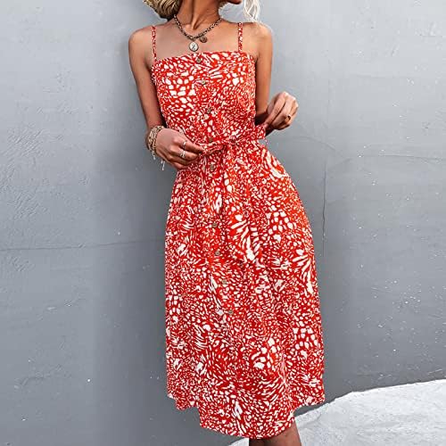 Lcziwo לנשים קיץ ספגטי שמלת רצועת רצועה כפתור הדפסה פרחונית שמלות מידי שמלות חוף מזדמן ללא שרוולים