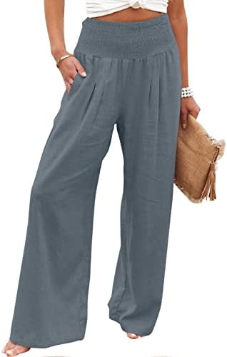 CHGBMOK נשים מכנסי רגל רחבים קיץ מזדמן מותניים גבוהות מכנסיים פלאצו מכנסיים חוף טרקלין עם כיסים