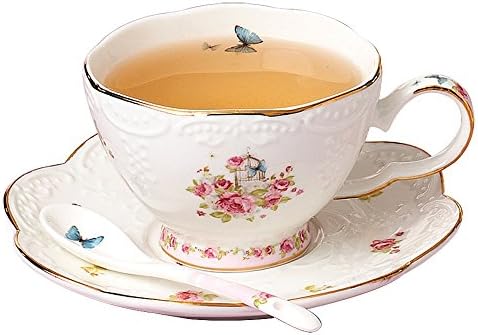 JUSALPHA® משובח סדרת פרחים סדרת תה, סט צלוחית כוס תה עם פילטר וחום קומקום ותה כף, 16 יחידות ב 1 סט 1