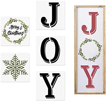 שמחה פתית שלג שבלונות, 5 יחידות החג שמח זר שמחה שבלונות עבור ציור על עץ, לשימוש חוזר פלסטיק תבניות עבור חג