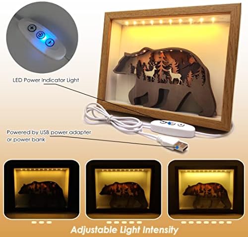 Hometu קופסת צל תלת מימדית עץ עם אור LED Light Light - דוב עם פסל סצנת יער 8 אינץ 'מנורת מסגרת עם בקר קו ליומן