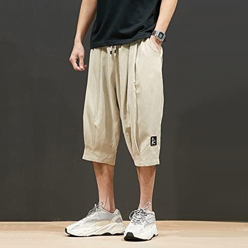 מכנסי קפרי של Ubst גברים בסגנון יפני מכנסיים מזדמנים רופפים קיץ עם כיסים אלסטיים מכתים רגועים בכושר