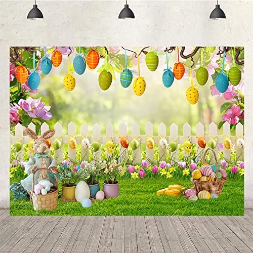 7 * 5 רגל אביב פסחא רקע פסחא ארנב צבעוני ביצים גדר דשא קיר תפאורה צילום רקע שמח פסטיבל תינוק דיוקן