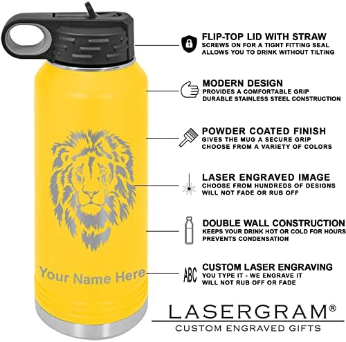 Lasergram 32oz קיר כפול הפוך בקבוק מים עליון עם קש, מיוצר בקנדה, כלול חריטה בהתאמה אישית