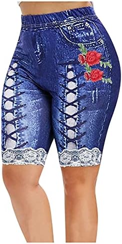 מכנסי ג'ינס רזים של Beuu לנשים המותניים הגבוהות תחרה תחרה מזדמנת ג'יג'ינג מהיר מכנסיים קצרים יבש מכנסי מכנסי מכנסיים