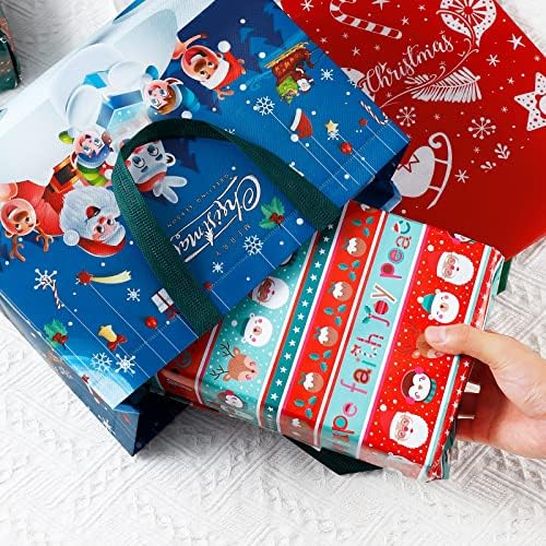 שקיות מתנה גדולות לחג המולד עם נייר טישו, 12 חבילות שקיות מתנה לחג המולד לשימוש חוזר עם ידית תיק חג המולד