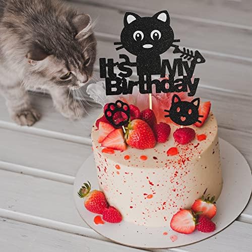 25 יחידות חתול מסיבת יום הולדת עוגת קישוט, 24 יחידות כיסויי הקאפקייקס חתול עם 1 יחידות חתול יום