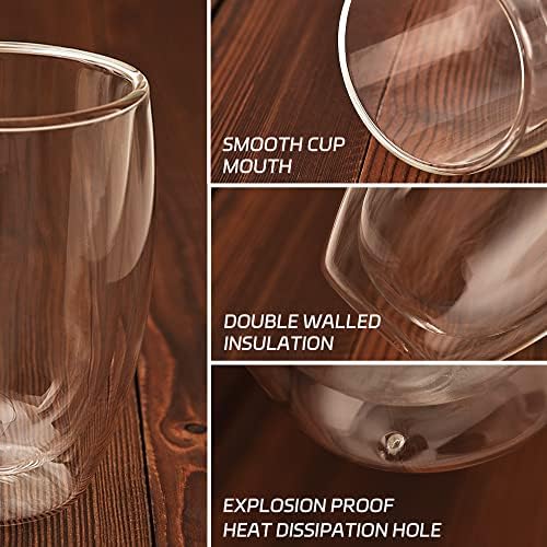 JNSMFC 8 גרם ספלי קפה זכוכית קיר כפול סט של 2 - עם 2 כפות, כוסות אספרסו קפה זכוכית תרמית מבודדת,