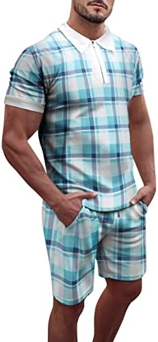 קיץ של גברים 2 חלקים משובצים משובצים חולצות שרוול קצרות ומכנסיים מכנסיים קצרים עם כיסים מתאימים לגברים תלבושות